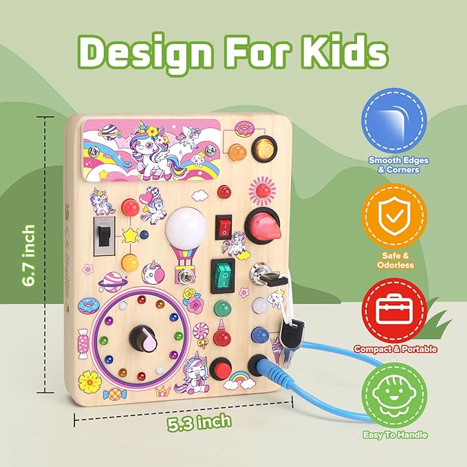 Unicorn Busy Board with LED Light，Montessori Toy for 1+ Year Old，Engaging Sensory Board for Fine Motor Skills,Gifts & Travel Toys for Toddlers 1-3,Busy Board Plus Version.