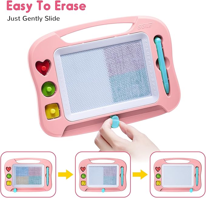 SGILE Magnetic Drawing Board for Kids, Colorful Erasable Doodle Board with Magnet Pen, Painting Sketch Pad with Three Stamps, Travel Toy, Birthday Gift, Educational Learning Toy for Toddlers, Pink