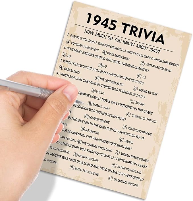 80th Birthday Party Games, 1945 Trivia Games, Birthday Party Supplies for Adults, Fun 1945s Party Game，Pack of 30 Cards
