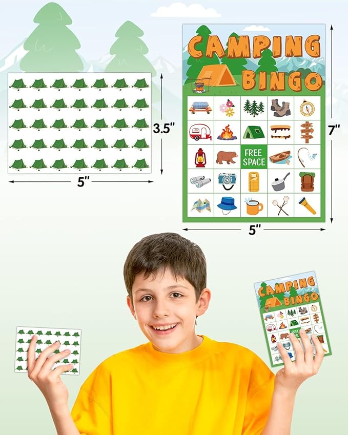 Camping Bingo Game Outdoor Indoor Activities Hike Field Trip Supplies Party Favors Card Games for Adults 24 Players Family Fun