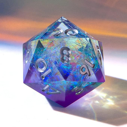 YEMEKO Single D20 Dice - 22mm, 20 Sided D&D Dice for Dungeons and Dragons, DND Dice with Resin Sharp Edge, Handmade Polyhedral for RPG, Roleplaying Games MTG Table Games(Purple Green)