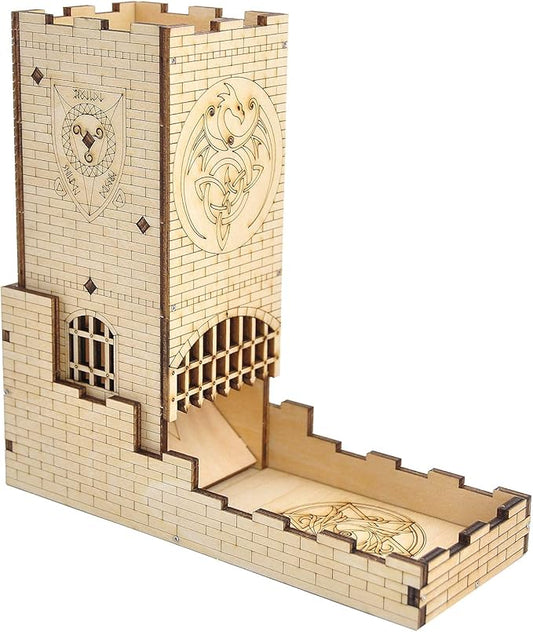 Castle Dice Tower with Tray Wood Laser Cut Dragon Carving Easy Roller Perfect for Board Game, D&D and RPG (Castle)