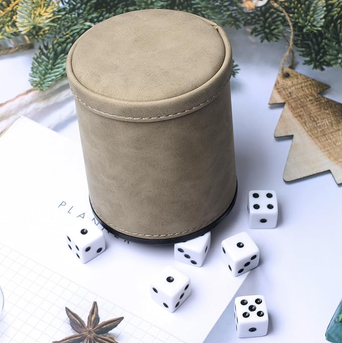 Brown Suede Faux Leather Dice Cup Set, Felt Lined PU Leather Dice Shaker with 6 Dice for Liars Farkle Yahtzee Game