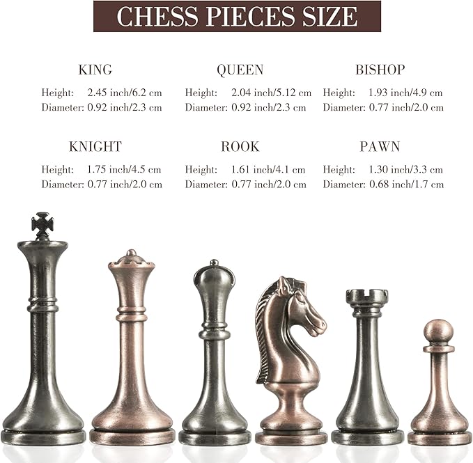 12" Wooden Chess Set with 2 Built-in Storage Drawer and Distressed Metal Chess Pieces - 2 Extra Queens Retro Desktop Chess Board Game for Adults and Beginners