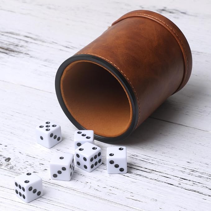 Brown PU Leather Dice Cup Set, Felt Lined Dice Shaker with 6 Dice for Liars Farkle Yahtzee Game