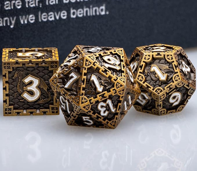 ARUOHHA DND Metal Dice Set Dragon Design Dice Set with Gift Box, Role Playing Games Antique Gold Polyhedral RPG D and D Dice D20 D12 D10 D8 D6 D4