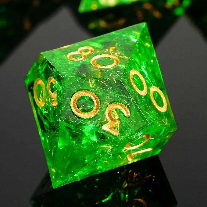 DND Dice Set Sharp Edged Dice Set of 7 DND Faceted Dice Golden Numbers and Beautiful Iron Box Perfect for Dungeons & Dragons RPG and Board Game(Green Gold)