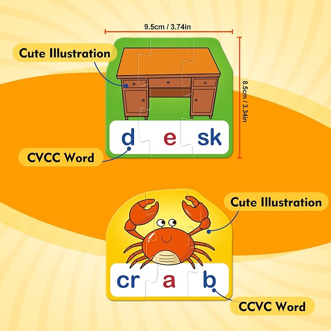 CVCC & CCVC Puzzle Cards for Kids - Word & Phonics Games, Speech Therapy Toys for Toddlers, 4 Alphabet Letter Word Puzzles, Learning Spelling Games