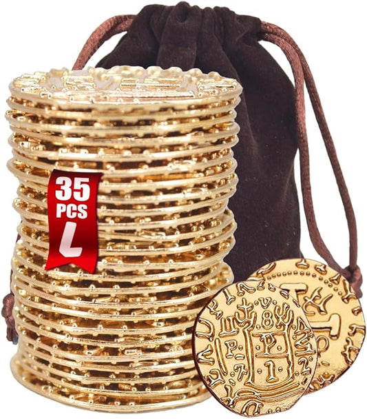 Large Metal Pirate Coins Gold Treasure Coin Set, Metal Replica Spanish Doubloons for Board Games, Tokens, Toys, Cosplay – Realistic Money Imitation for Treasure Chest - Size 1.18" (Gold 35 PCS)