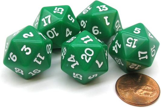 Koplow Games Set of 5 Twenty Sided 19mm D20 Opaque Dice RPG D&D Green with White Numbers Die