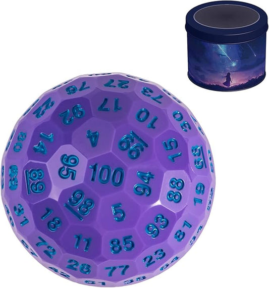 Upgraded D100 Dice, Single 100 Sided Polyhedral Dice D100 Die 50mm, D&D Dice D100 Game Dice, 100 Sided Cube with Metal Storage Tin(Purple/Blue Font)