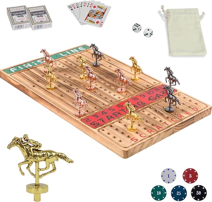 Horse Racing Board Game Solid Wood Horse Race Card and Dice Board Game Luxury Edition Set with 11 Metal Horses,100 Poker Chips,2 Dices and 2 Boxes of Cards, 15 Inch Light Flame