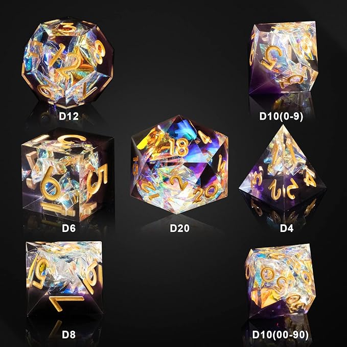 DND Dice Set Resin Sharp Edge Handmade 7pcs Polyhedral Dice Set DND RPG MTG Role Playing Game Dice Set D&D Dice with Gift Case for Dungeons and Dragon (White-Violet)