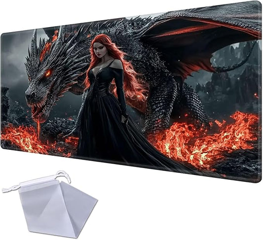 for MTG Playmat for Trading Card Games, Non-Slip Rubber Smooth Surface with Stitched Edges, Durable Desk Pad for Card Games, Custom Anime Playmat, Red Haired Woman Dragon