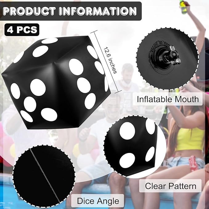 4 Pieces Jumbo Inflatable Dice 12.6 Inch Large Inflatable Dice Fun Game Toy for Indoor Outdoor Lawn Swimming Pool Party Favor Board Game Decoration, Black