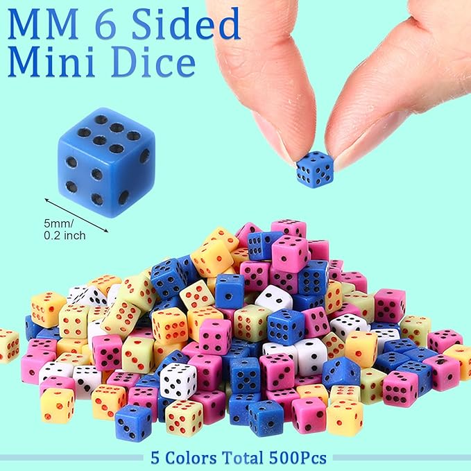 Poen 500 Pieces Mini Dice with Portable Plastic Box Casino Game 6 Sided Small Dice, 5mm Bulk Tiny Colored for Casino Night Parties Board Games Early Elementary Math Learning