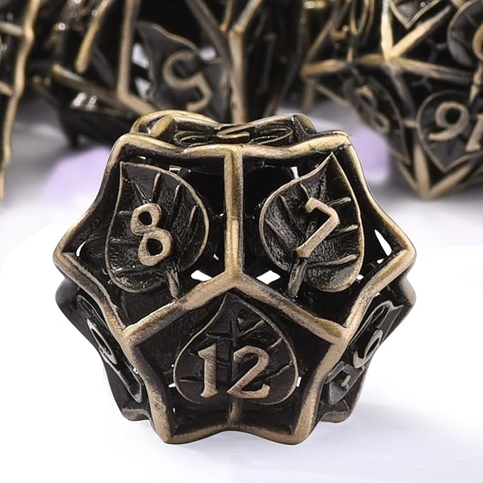AUSTOR Metal DND Dice Set 7 Pieces Leaf DND Dice Hollow Polyhedral Dice D20 D12 D10 D% D8 D6 D4 Metal Dice with Metal Box for Dungeons & Dragons RPG Board Games (Antique Bronze)