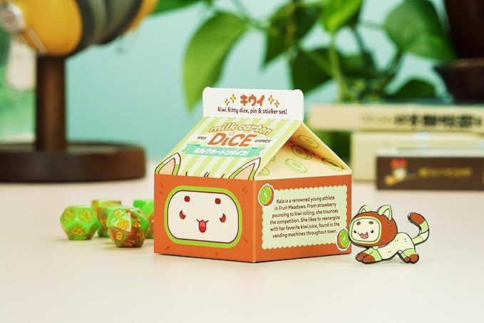 1985 Games Kiwi Kawaii Cat Dice Set – Milk Carton-Inspired Dice for DND | TTRPGs & Tabletop Roleplaying