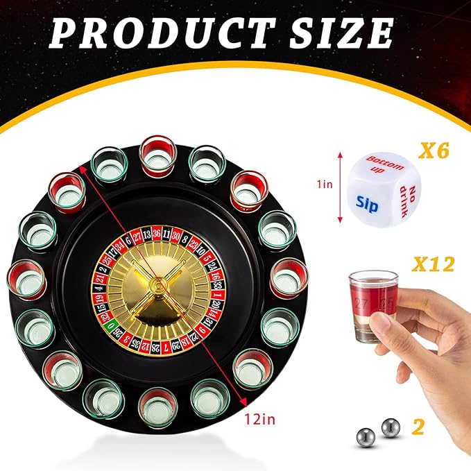 Hiboom Shot Glass Roulette Game and Drinking Dice Set - 16pcs Glasses and 2 Balls for Adults, Family Gathering, Bar, Party Supplies