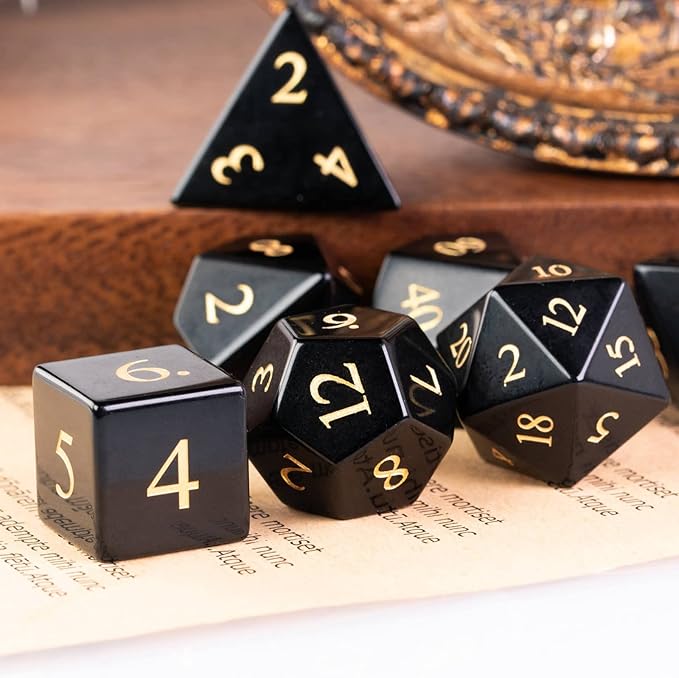 UDIXI Stone DND Dice Set, 7PCS Gemstone Dice Natural Stone Dice Set with Gift Case for Dungeons and Dragons Role Playing Game and Tabletop Games (Obsidian)
