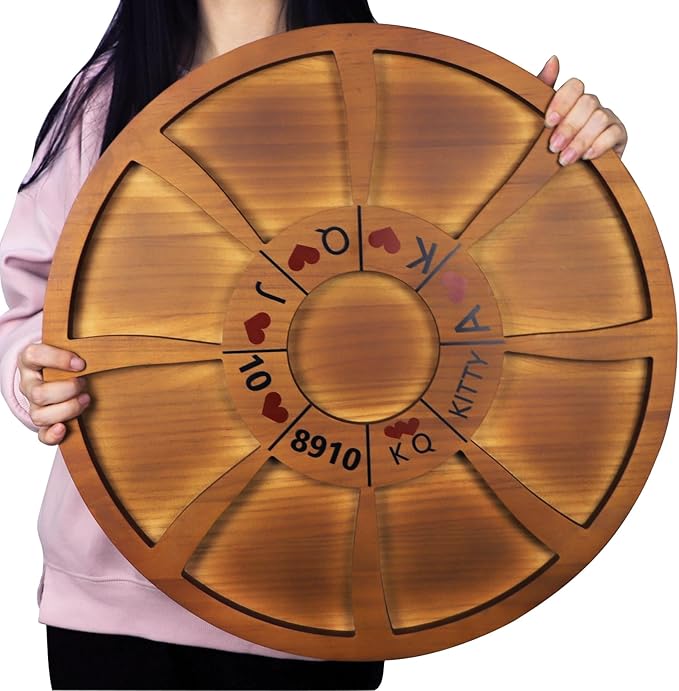 Michigan Rummy Game Luxury Set Royal Hearts Rummy Poker Wooden Tripley Board Game Bravado Game Classic Family Card Game 100 Chips 2 Playing Cards(Large Circular Shape, Walnut Color)