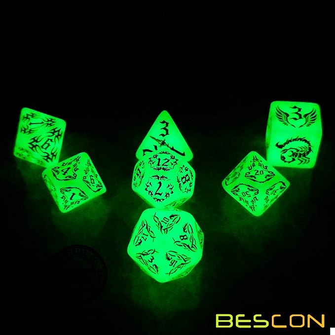 BESCON Dark Elves Glowing Dice Set (7 Piece), Oversized Glow in Dark Carved Role Playing Games RPG Dice Set