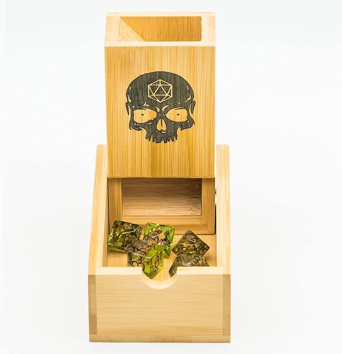 Cusdie Bamboo Dice Tower Foldable Wooden Die Roller Castle Rolling Case for Dungeons and Dragons, Board Game, D&D, RPG(Skull)