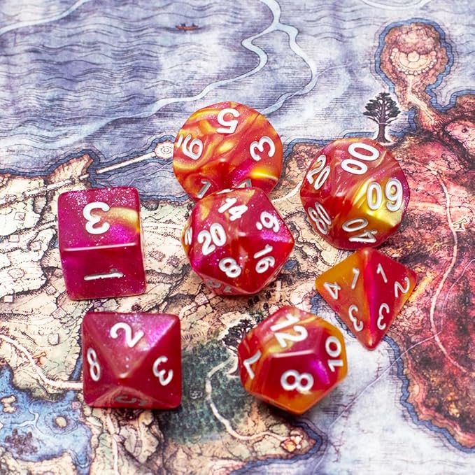DND Dice Set with Dragon Totem Metal Gife Case, Dungeons and Dragons Dice Set,Polyhedral Dice Set Filled with Shiny Glitters,Role Playing Games and Tabletop Games (Pink&Yellow)