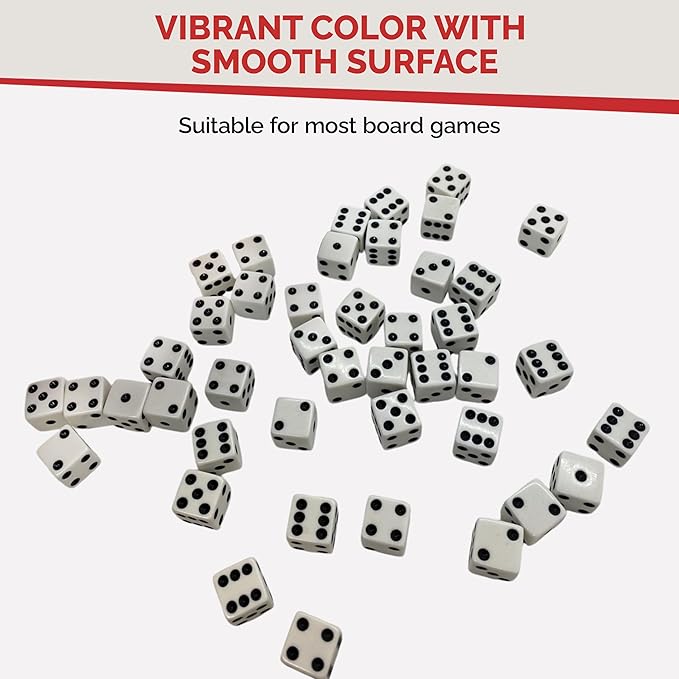 MR CHIPS D6 Standard 16 mm Opaque Dice with Pip Dots - 100 Pack - White