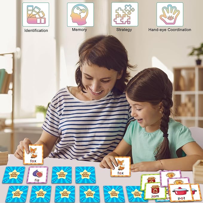 Memory Game, CVC Word Games Kindergarten, Memory Games for Kids Ages 4-8, Matching Games for Toddlers 3-5, Phonics Games Flash Cards 2-4 Years, Memory Card Game Homeschool Learning Educational Toys