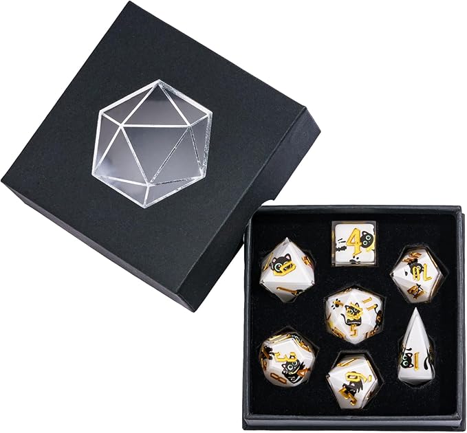 Cusdie 7-Piece Sharp Edges DND Dice Set - Cute Black Cat Stickers Inside - Perfect for Tabletop RPGs and Board Games