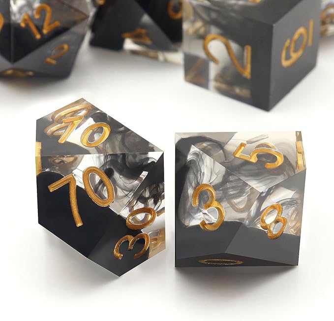 Haxtec Sharp Edge Dice Set DND Dice Set with Dice Case Handmade Black Swirls Resin D&D Dice Set for TTRPGs Dungeons and Dragons Gifts-Dark Soul