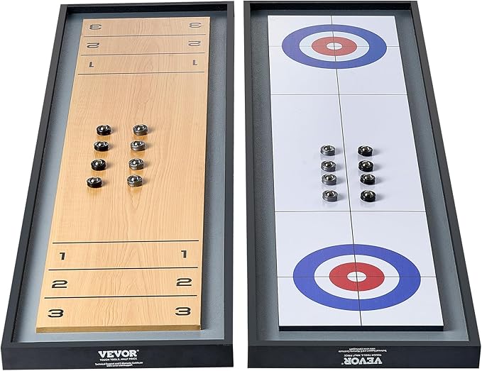 VEVOR Shuffleboard and Curling 2 in 1 Board Games, 45" Portable Tabletop Set, Two Sided Tabletop Shuffleboard with 8 Rolling Pucks, Shuffleboard and Curling Combo Game Set for Kids and Family
