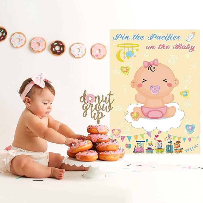 Hooqict Pin The Pacifier on The Baby Game Funny Baby Shower Games for Girls Birthday Party Gender Reveal, Large Baby Shower Activities Poster with 72 Pacifier Stickers