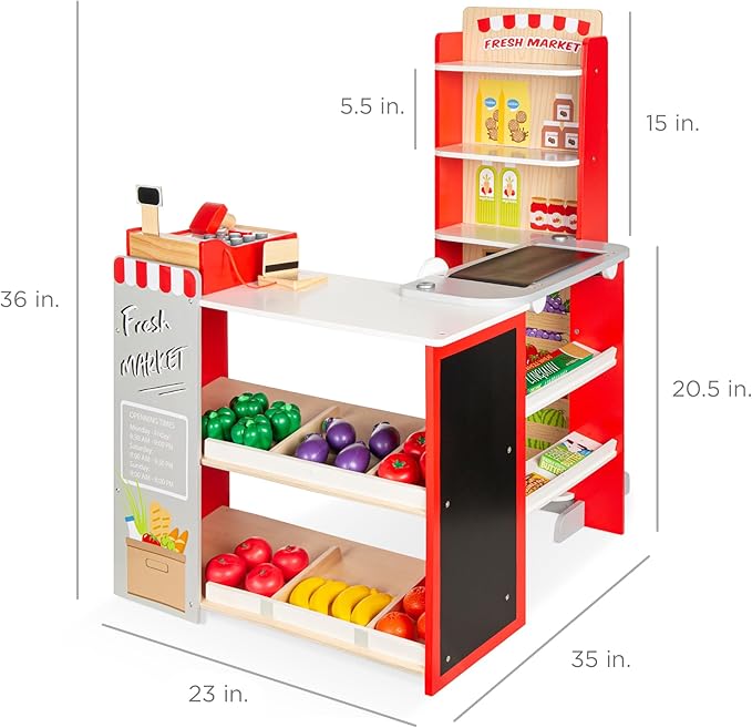 Best Choice Products Pretend Play Grocery Store Wooden Supermarket Toy Set for Kids w/Play Food, Chalkboard, Cash Register, Working Conveyor - Red