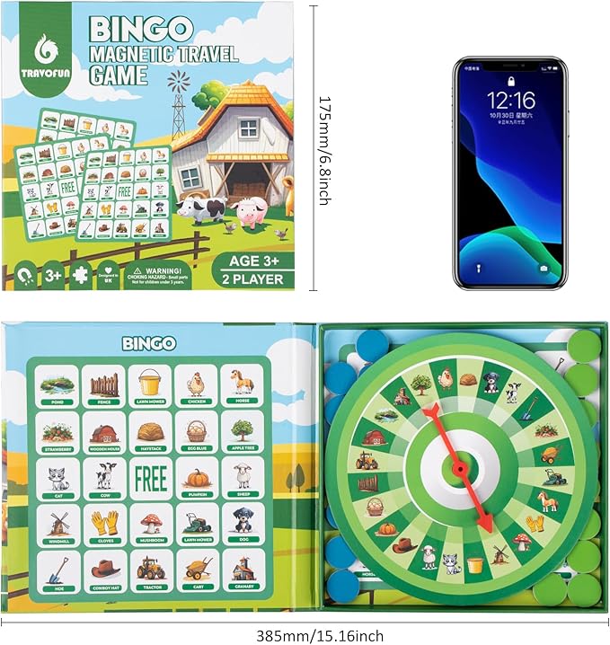 Farm Bingo Game, Magnetic Travel Toy for Kids 3 and Up, Ideal for Road Trips