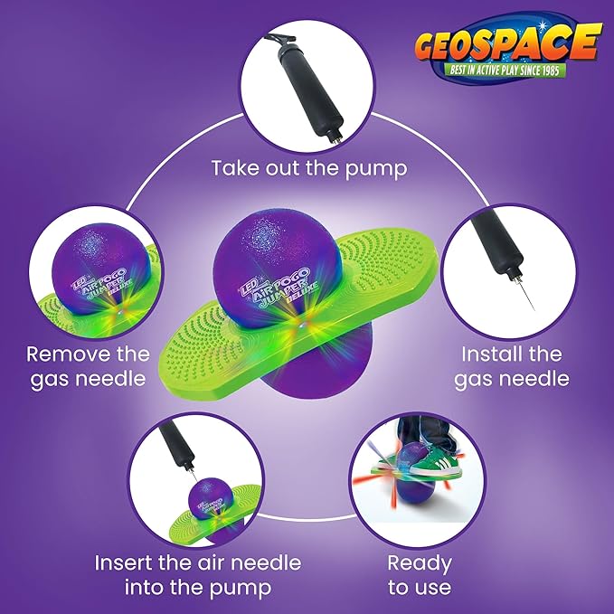 Geospace Original LED AIR POGO Jumper Deluxe with Motion-Activated Lights, Indoor or Outdoor Trick Bounce Board for Boys, Girls, Teens Ages 6+ or up to 160 lbs, Pump Included (Purple/Green)