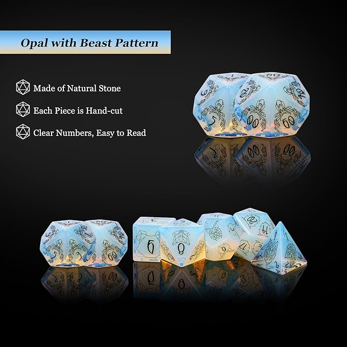 UDIXI Opal Stone DND Dice Set, 7PCS Gemstone Dice Stone Dice Set D&D with Gift Case for Dungeons and Dragons Table Games (Beast Pattern)