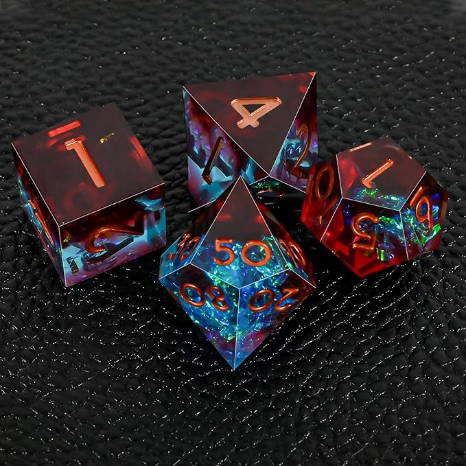 DND Dice Set Sharp Edge Dice Set 7 Piece DND polyhedral Dice Numbers with Gold Leaf Exquisite Tin Box Packaging,Ideal for Dungeons & Dragons RPG and Board Games (Red and Blue)