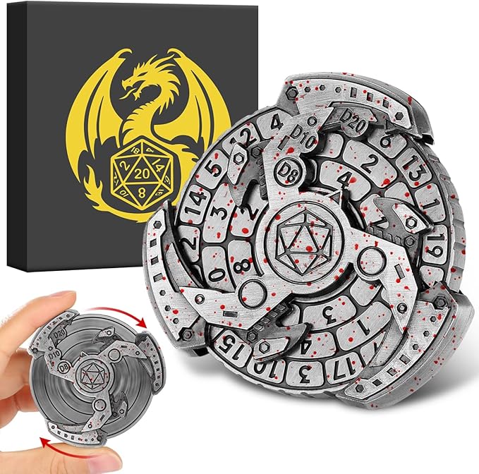 Spinner DND Dice Set, 7-in-1 Fingertip Gyro Metallic D&D Dice, Roulette Dice Spinner for DND Dice Set, D&D Gifts with Gift Box, Role Playing Game Board Game Accessories, Silver with Red Dots