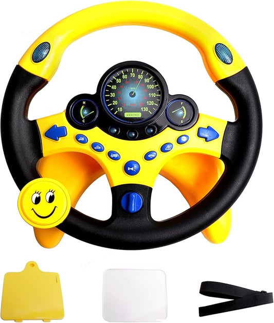 Kids Steering Wheel Toy for Car with Light and Music,Suction Cups Base-Interactive Simulated Driving Toy Steering Wheel for Kids Boys Girls,Yellow