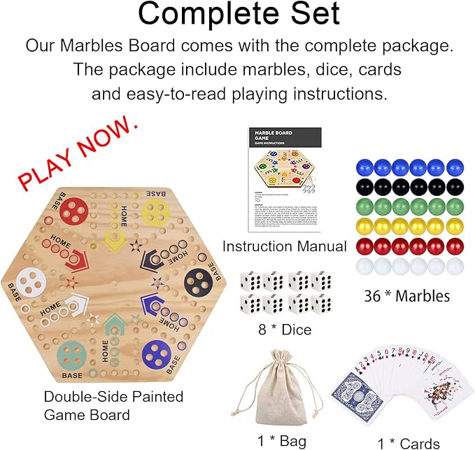 Original Marble Game Wahoo Board Game 24-Inch Double Side Painted Wooden Fast Track Board Game for 6 Player and 4 Player, 6 Colors 36 Glass Marbles 8 Dice for Family Game Night, Friends Party