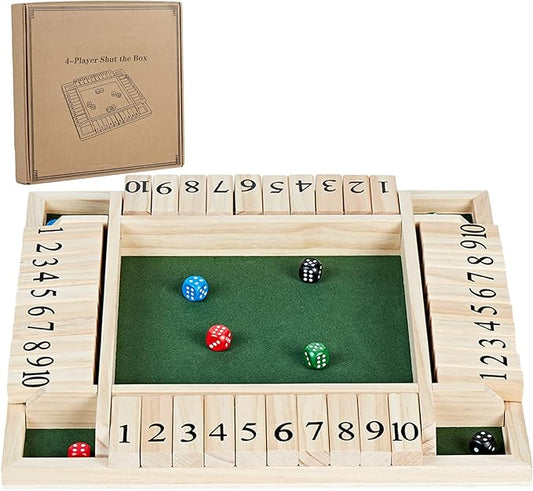 ApudArmis 4-Way Shut The Box 14 Inches, Large Wooden Board Game Set with Dice, Shut-The-Box for Kids & Adults - Learning Addition Classroom Home Party Pub