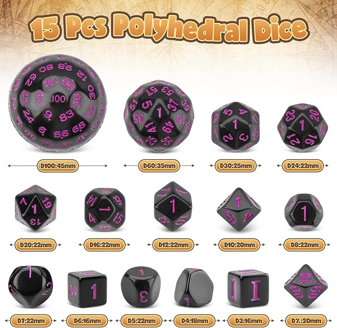 Coyeekn DND Dice 15 Pieces Polyhedral Dice D3-D100 with Dice Bag for Role Playing Table Games (Black & Purple)