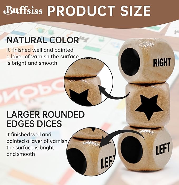 Left Right Center Game Dice 16mm Wooden Dice with Drawstring Bag,Standard Size 6 Sided for Left Right Center Game Dice Accessorie,Easy to Store and Carry (Upgraded 3 Pcs dice)