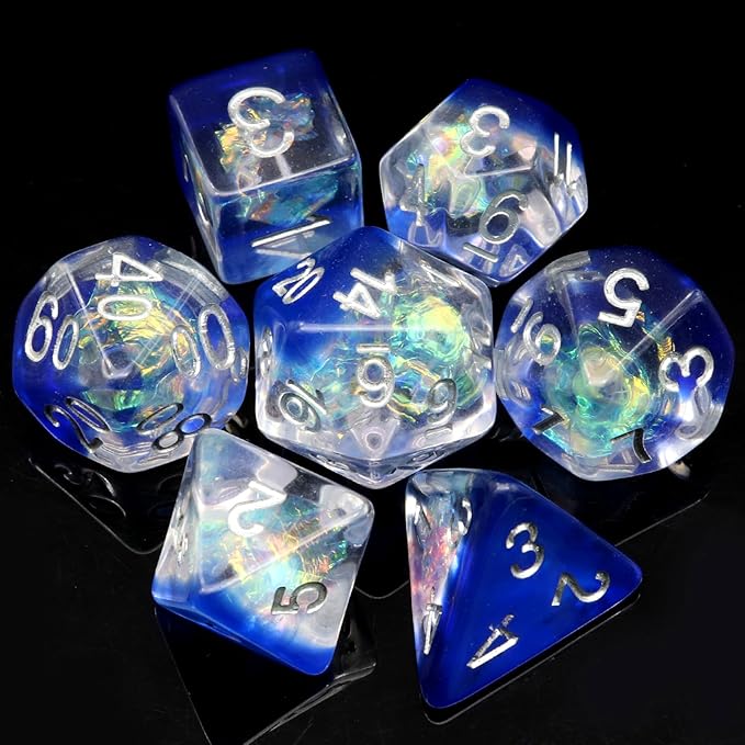 Haxtec Resin DND Dice Set 7PCS Blue Clear Iridecent Mylar Polyhedral D&D Dice for Roleplaying Dice Games as Dungeons and Dragons-Blue Clear Galaxy