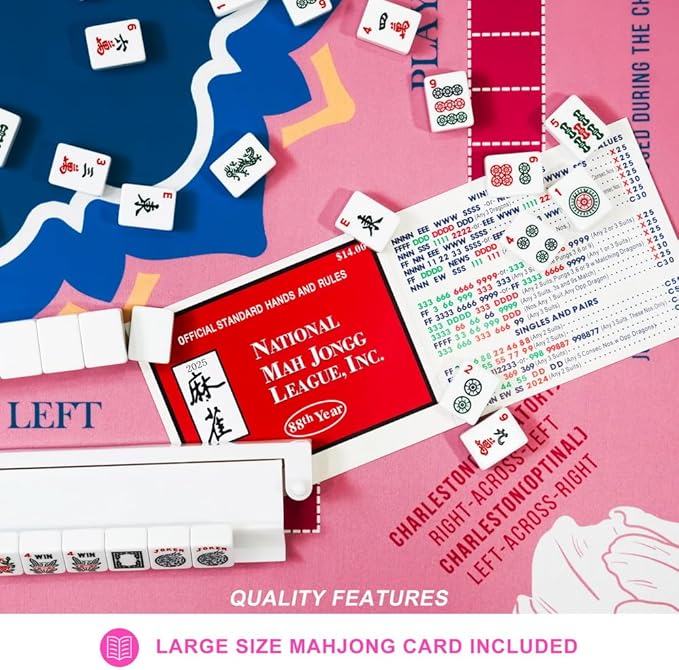 Mahjong Mat with Rules for Table,Non-Slip and Silent,Comes with 2 Dice and 1 Coral Velvet Mahjong Mat Storage Bag (Rose)