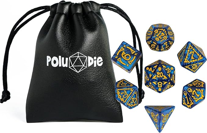 7-Die DND Dice Set Halloween Pattern Polyhedral Dice Set with Leather Bag, Skull Dice D&D Dice Set for Dungeons and Dragons RPG Table Games (Halloween Pattern-Blue)