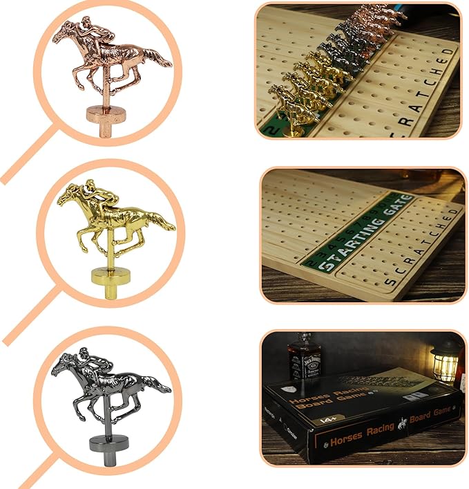 Metal Horse Racing Board Game Card Board Game Finish Line Luxury Edition Solid Wood Race Game Board 11 Batches of Metal Model Horses 2 Sets of Dice and 2 Boxes of Cards…