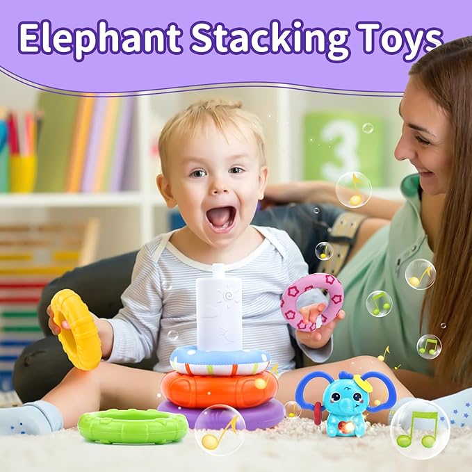 Baby Toys for 1+ Year Old, Busy Board Sensory Toys for Toddlers 1-3, Baby Toys for 12-18 Months, Pull String Teether, Stacking Blocks, 3 in 1 Travel Toy Gifts for 1 2 3 Year Old Boy Girl